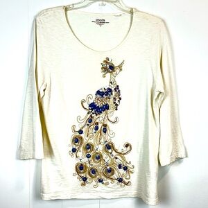 Chico’s 30th Anniversary Peacock Embellished 3/4 Sleeve Top Size M 🔥